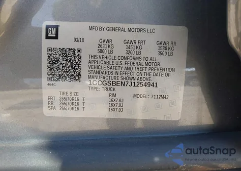 2018 Chevrolet Colorado Wt z USA, uszkodzony, nr VIN 1GCGSBEN7J1254941